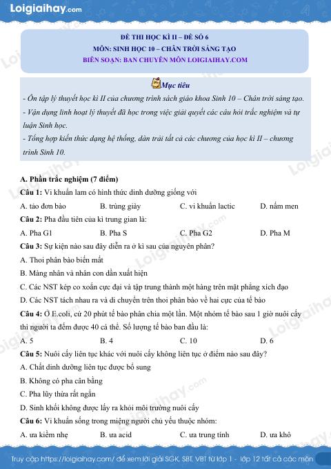 Đề thi học kì 2 Sinh 10 Chân trời sáng tạo - Đề số 6